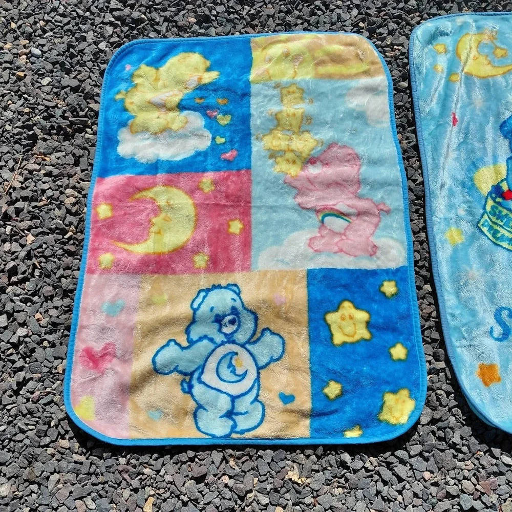 2 Vtg Care Bears Sweet Dreams Bedtime Bear Toddler Baby Blanket Blue Fuzzy Z